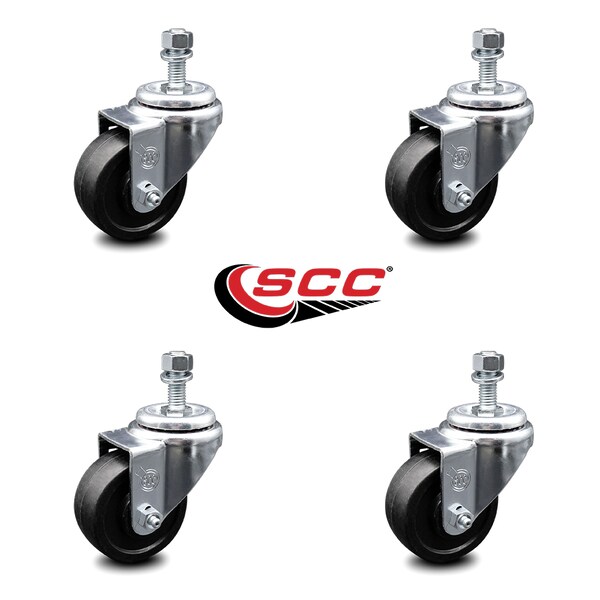 3.5 Inch Soft Rubber Wheel Swivel 3/8 Inch Threaded Stem Caster Set SCC